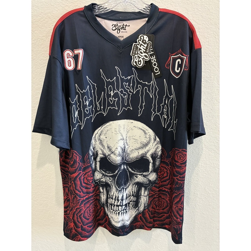 Eighty Eight Brand Mens L Skull Roses Graphic Jersey Shirt Loose Fit NWT